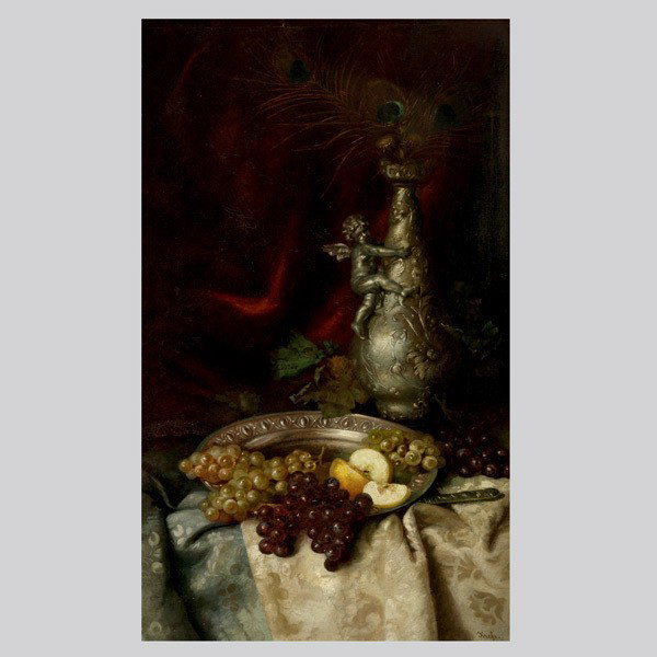 Continental Sch 19th c Still Life with Grapes, oil: Continental School (19th Century) "Still Life with Grapes" Oil on canvas. 27 x 15.75 inches/ 68.6 x 40 centimeters. Signed lower right "Krefs" Frame: 32 x 20.75 inches/ 81.2 x 52.7 centimeters.