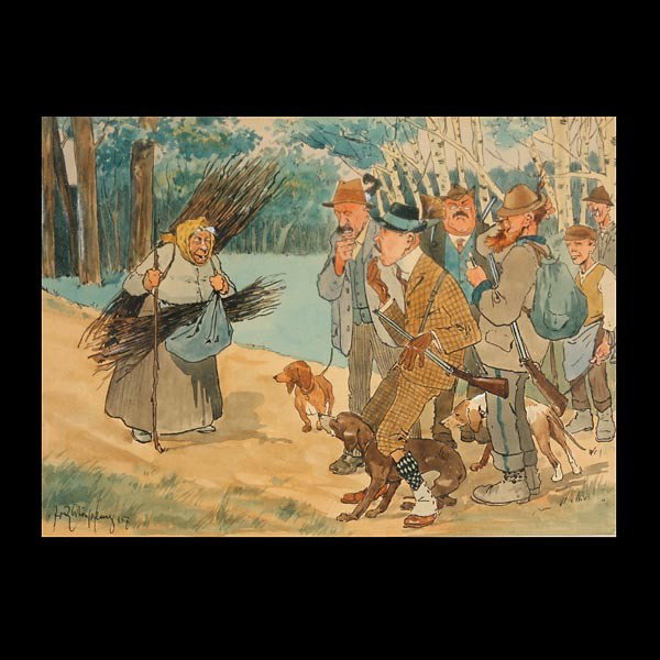 Continental School, Fox Hunt, 1907, Watercolor : Continental School (Late 19th/ Early 20th Century) "Fox Hunt, 1907" Watercolor on paper. Sight: 10.50 x 14.75 inches/ 26.6 x 37.5 centimeters. Signed illegibly and dated lower left "907" Frame: 16.25 