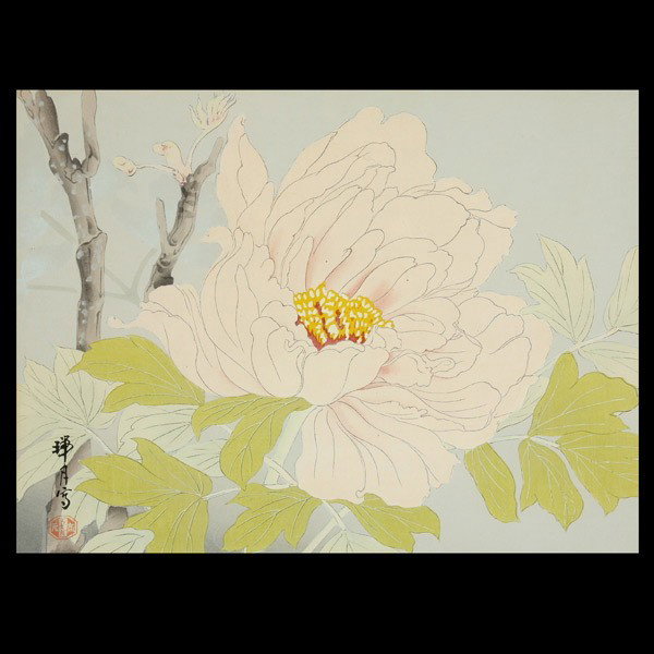 PAUL JACOULET "Blooming Flower" Woodblock: PAUL JACOULET (French 1902-1960) "Blooming Flower" Woodblock print. Sight: 10.25 x 13.75 inches/ 26 x 35 centimeters. Signed lower left in kangi. Frame: 16.50 x 20.50 inches/ 42 x 52 centimeters.