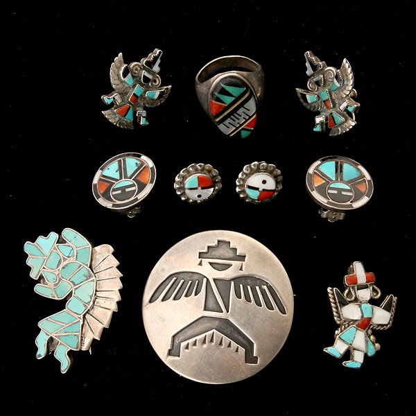 MULTI-STONE, SILVER, METAL JEWELRY ITEMS.: COLLECTION OF TURQUOISE, CORAL, SPINY OYSTER, MOTHER-OF-PEARL, BLACK ONYX, AMAZONITE, SILVER, METAL JEWELRY ITEMS.* Including two pairs of Kachina earrings, one pair of Knifewing earrings and one ring