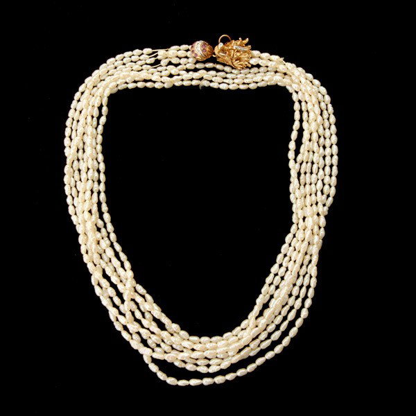 C. PEARL, RUBY, DIAMOND, 14K Y/G NECKLACE.: CULTURED PEARL, RUBY, DIAMOND, 14K YELLOW GOLD MULTI-STRAND NECKLACE. Composed of numerous freshwater pearls, completed by a 14k yellow gold dragon and ball clasp accented by ten round-cut diamonds an