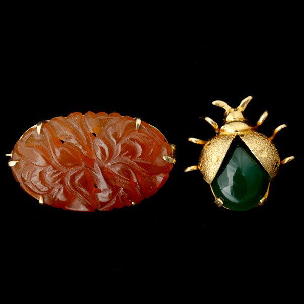 COLLECTION OF 2 MULTI-STONE, YELLOW GOLD BROOCHES.: COLLECTION OF TWO MULTI-STONE, YELLOW GOLD BROOCHES. Including one chrysoprase, 18k yellow gold bug brooch together with one carved carnelian, 14k yellow gold flower brooch.