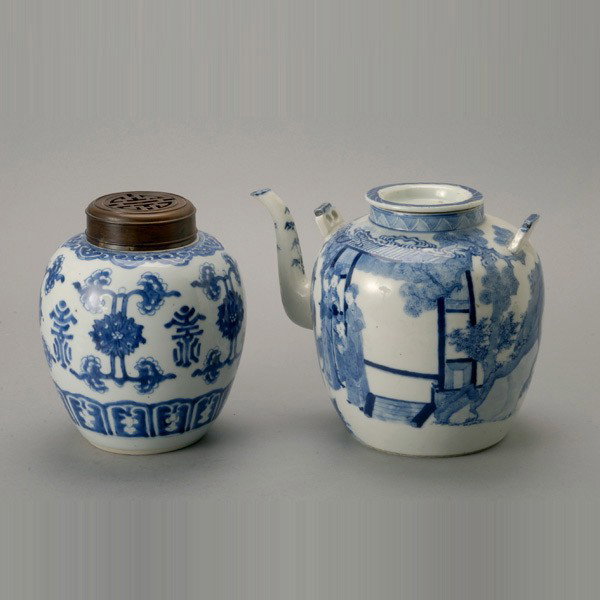 Two Blue and White Porcelains: Two Blue and White Porcelains, one teapot with a studio mark and one ginger jar with 'shou' characters and a matching wood lid {Height of Teapot: 8 1/2 inches (21.6 cm)}