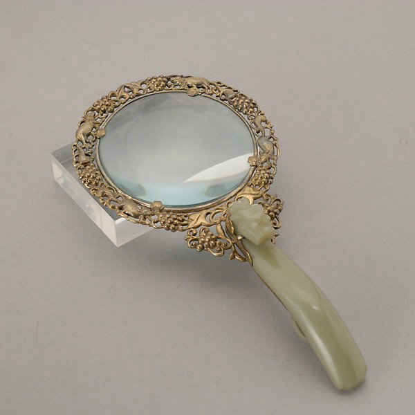 A Gilt Silver Magnifying Glass w/Jade Dragon Handl: A Gilt Silver Magnifying Glass with Jade Dragon Handle, squirrel and grape motif {Length: 7 1/2 inches (19 cm)}