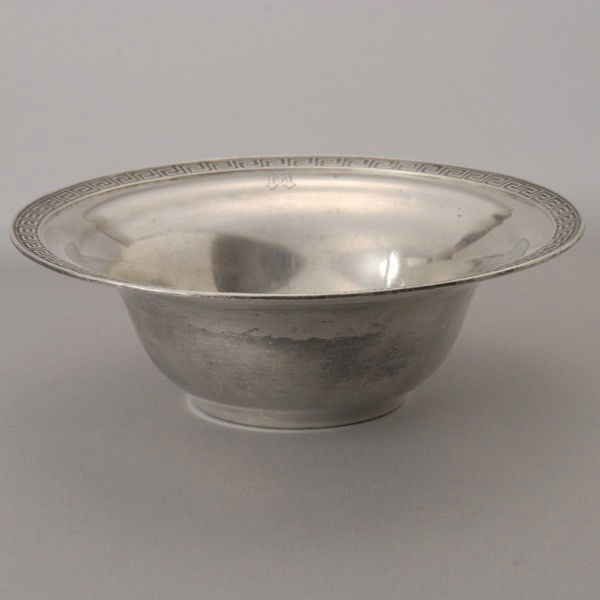 Shreve & Co. Sterling Bowl with Greek Key Border: Shreve & Co. Sterling Bowl with Greek Key Border #6919, initialed "M" {Total silver weight 6.15 troy oz; diameter 6 5/8 inches}