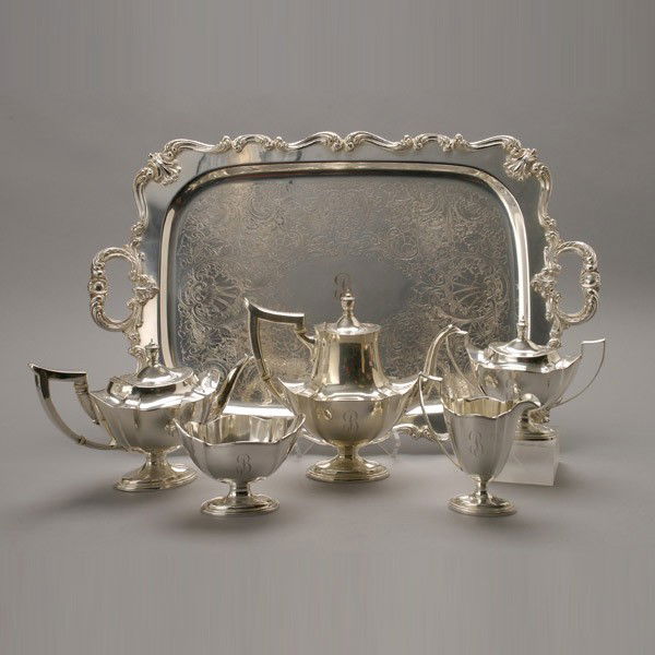 Gorham Five Piece Sterling Tea and Coffee Service: Gorham Five Piece Sterling Tea and Coffee Service; together with a silver plated two handle tea tray (6) {Total silver weight 54.69 troy oz; height of coffee pot 9 3/4 inches; length of tray 27 1/2 in