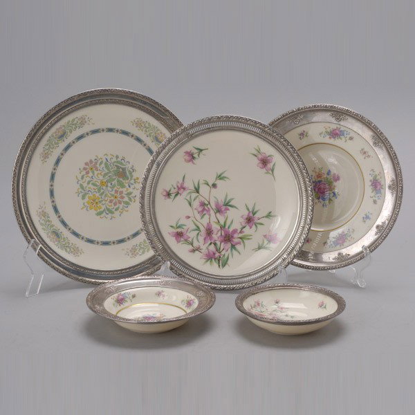 Five Sterling Mounted Lenox China Dishes: Five Sterling Mounted Lenox China Dishes: a cake plate; two plates and two bowls, in Peachtree and Lenox Rose patterns {Range of diameters 6-12 inches}