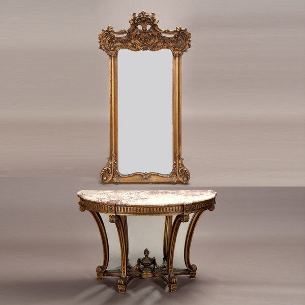 Regence Style Marble Console Table & Pier Mirror: Regence Style Marble Top Console Table and Pier Mirror with Gilt Gessoed Floral Rosettes {Dimension of Table 34 x 47 x 19 inches; Mirror 57 1/2 x 31 1/2 inches}