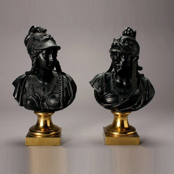 Pair Leon Pilet Busts of Trojan Warriors: Pair of Aesthetic Movement Patinated Metal Busts of Mercury and Athena, Cast after a model of Leon Pilet (French 1830-1916), Mercury cast as a young classical warrior in a Renaissance style costume, h