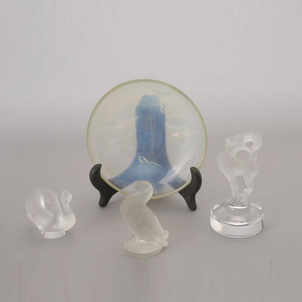 Three Lalique France Animals & Sabino Tray: Three Lalique France Animals, two signed Lalique France; and a Sabino Paris Tray with Birds (4) {Diameter of tray 4 3/4 inches; height of tallest animal 3 7/8 inches}