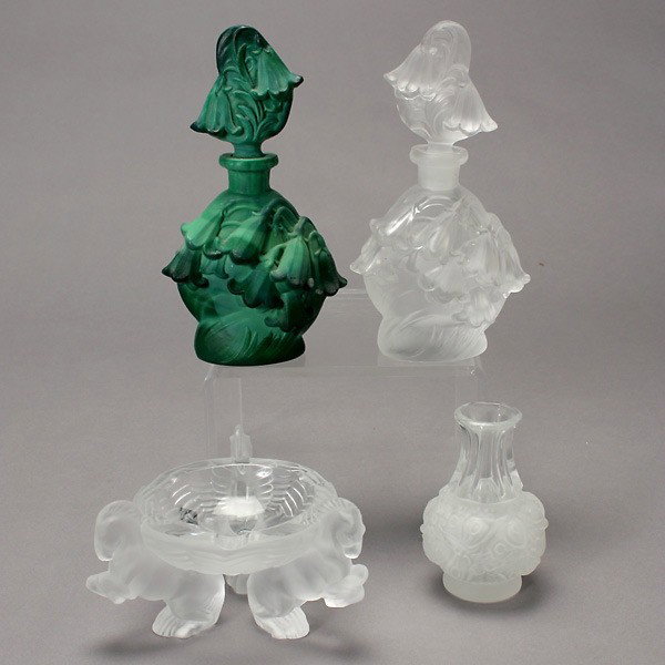 Four Czech Frosted Glass Pieces:: Four Czech Frosted Glass Pieces: a tripod bowl; a vase; and two scent bottles {Height of tallest 7 1/2 inches}