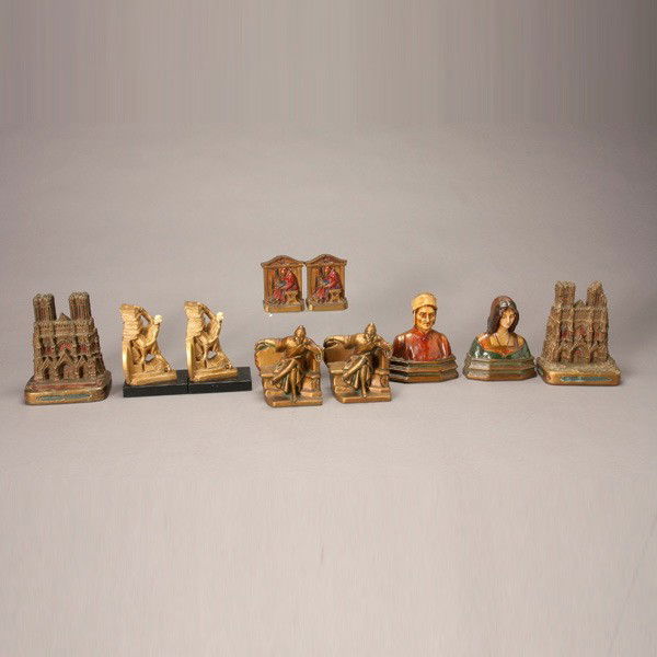 Five Pairs of Bookends in Renaissance Taste: Five Pairs of Bookends in Renaissance Taste with a Religious or Dante Theme: Library Monk "Ronson"; Rheims Cathedral "Armor Bronze"; Hold Those Books "JB Hirsch"; Dante and Beatrix; and Mantarani's Da