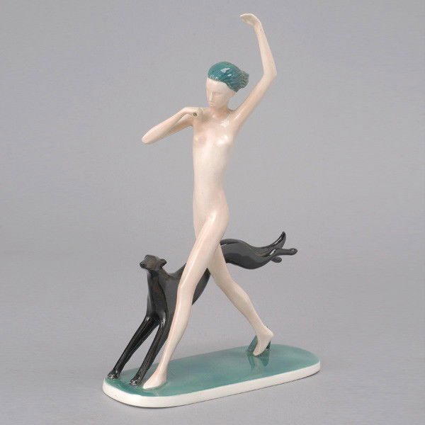 Austrian Art Deco Ceramic Figural Group: Austrian Art Deco Ceramic Figural Group of Nude and Greyhound [Height 10 inches} [Element lacking in right hand]