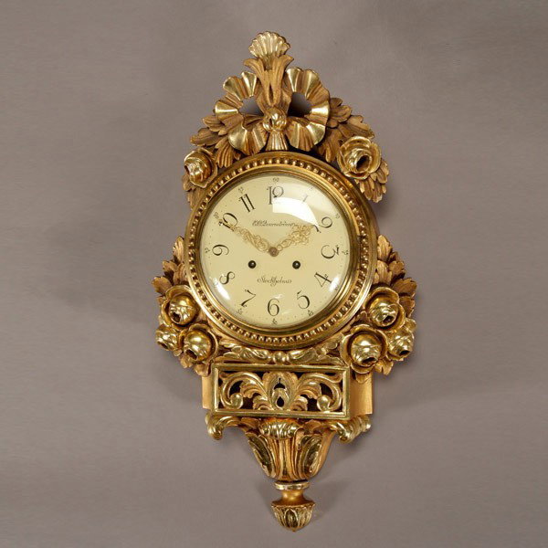 Swedish Giltwood Cartel Clock, "E.O. Quarnstrom": Swedish Giltwood Cartel Clock, "E.O. Quarnstrom Stockholm" {Height 24 1/4 inches} [Losses]