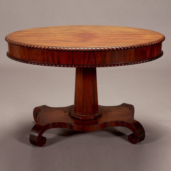 Classical Revival Drum Form Pedestal Center Table: Classical Revival Drum Form Pedestal Center Table with Drawer {Dimensions 29 x 42 x 27 1/2 inches}