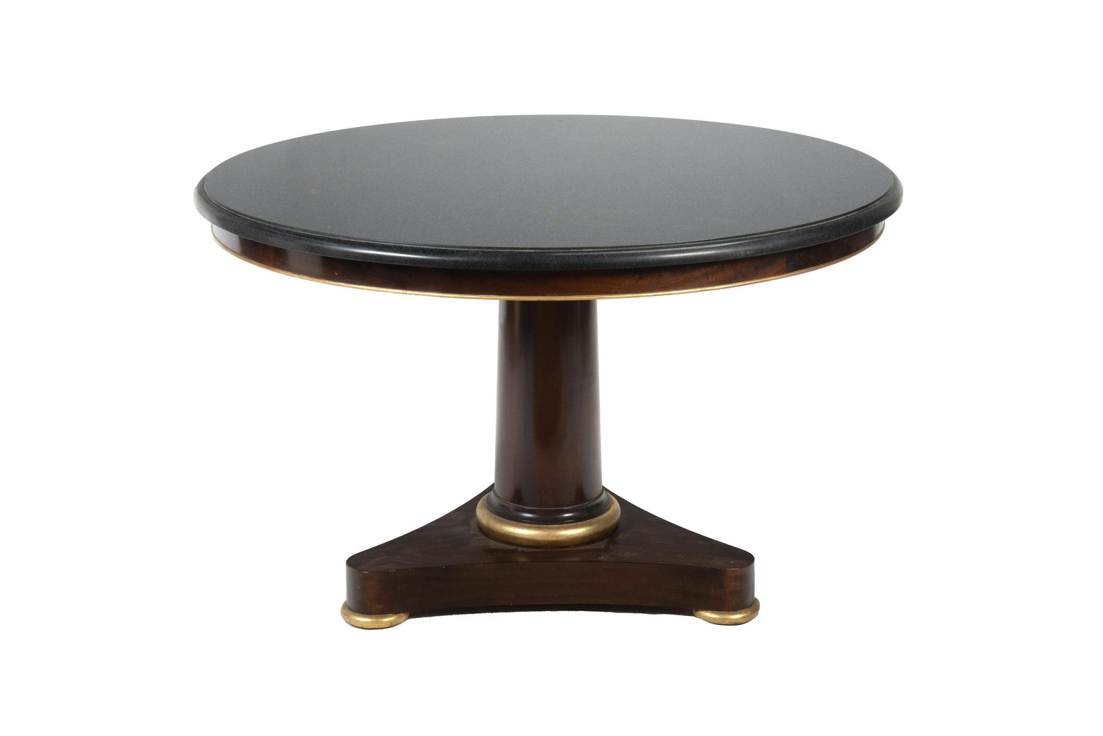 Empire Style Mahogany Center Table: Empire Style Mahogany Center Table with Gilt and Granite Top. Round table top over bold columnar upright, above shaped triangular base, over disc shaped round feet. Parcel gilt to edges. Late 20th Cen