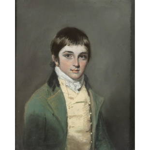 John Raphael Smith, Portrait, pastel: JOHN RAPHAEL SMITH (British, 1751-1812), Portrait of a Young Man in a Green Coat, pastel on paper, (approximate dimensions - sheet (sight): 10 1/2 x 8 1/2 inches); unsigned, artist and provenance labe