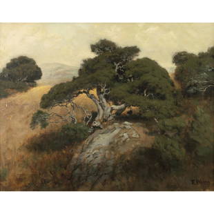 Thaddeus Welch, Oaks in Mill Valley, oil: THADDEUS WELCH (American, 1844-1919), Oaks in Mill Valley, oil on canvas, (approximate dimensions - canvas: 15 x 19 inches); signed lower right, title on label adhered to canvas verso and gallery labe