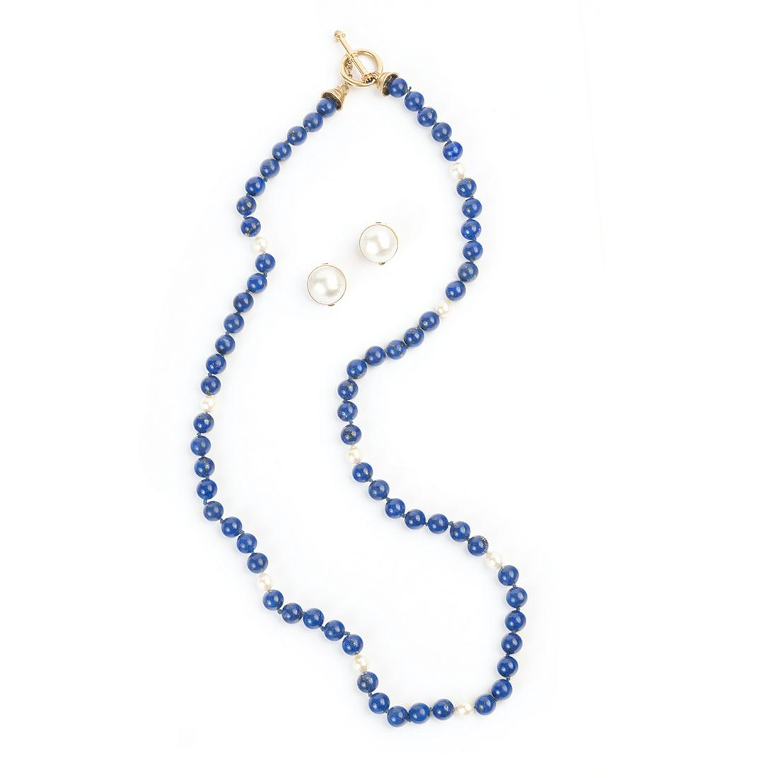 Lapis Lazuli, Cultured Pearl, 14k Gold Jewelry Suite. (1 of 2)