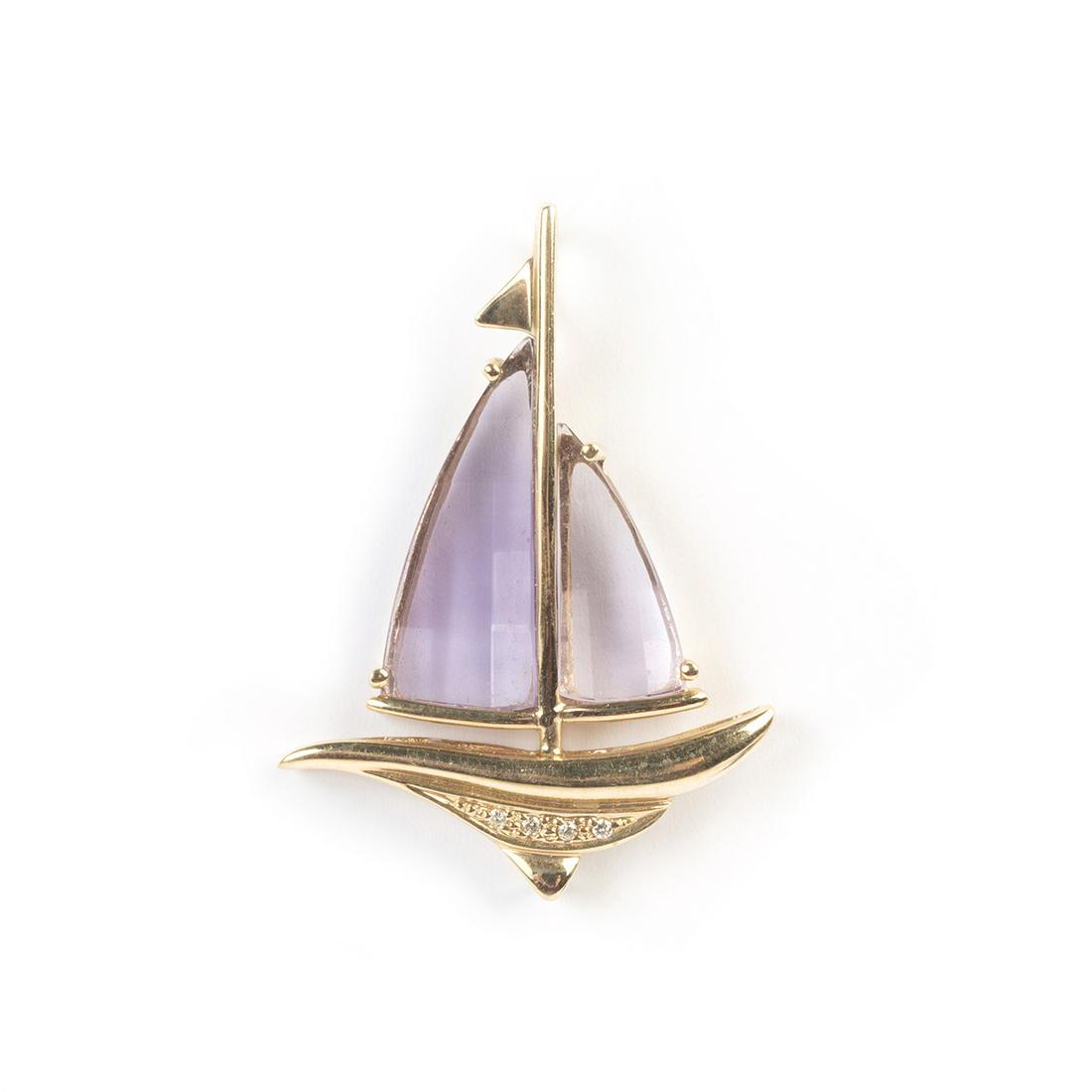 Amethyst, Diamond, 14k Yellow Gold Sailboat Pendant.: Amethyst, Diamond, 14k Yellow Gold Sailboat Pendant. Designed as a sailboat, the sails comprised of faceted amethyst segments, the hull accented by four full-cut diamonds weighing a total of approxima