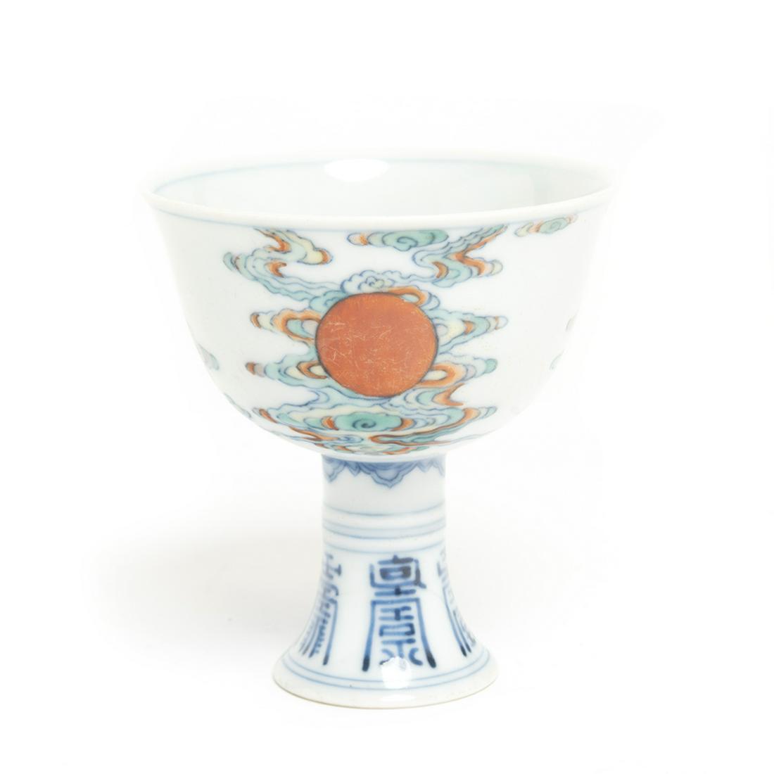 A Chinese Doucai Porcelain 'Cloud and Shou' Stem Cup (1 of 3)