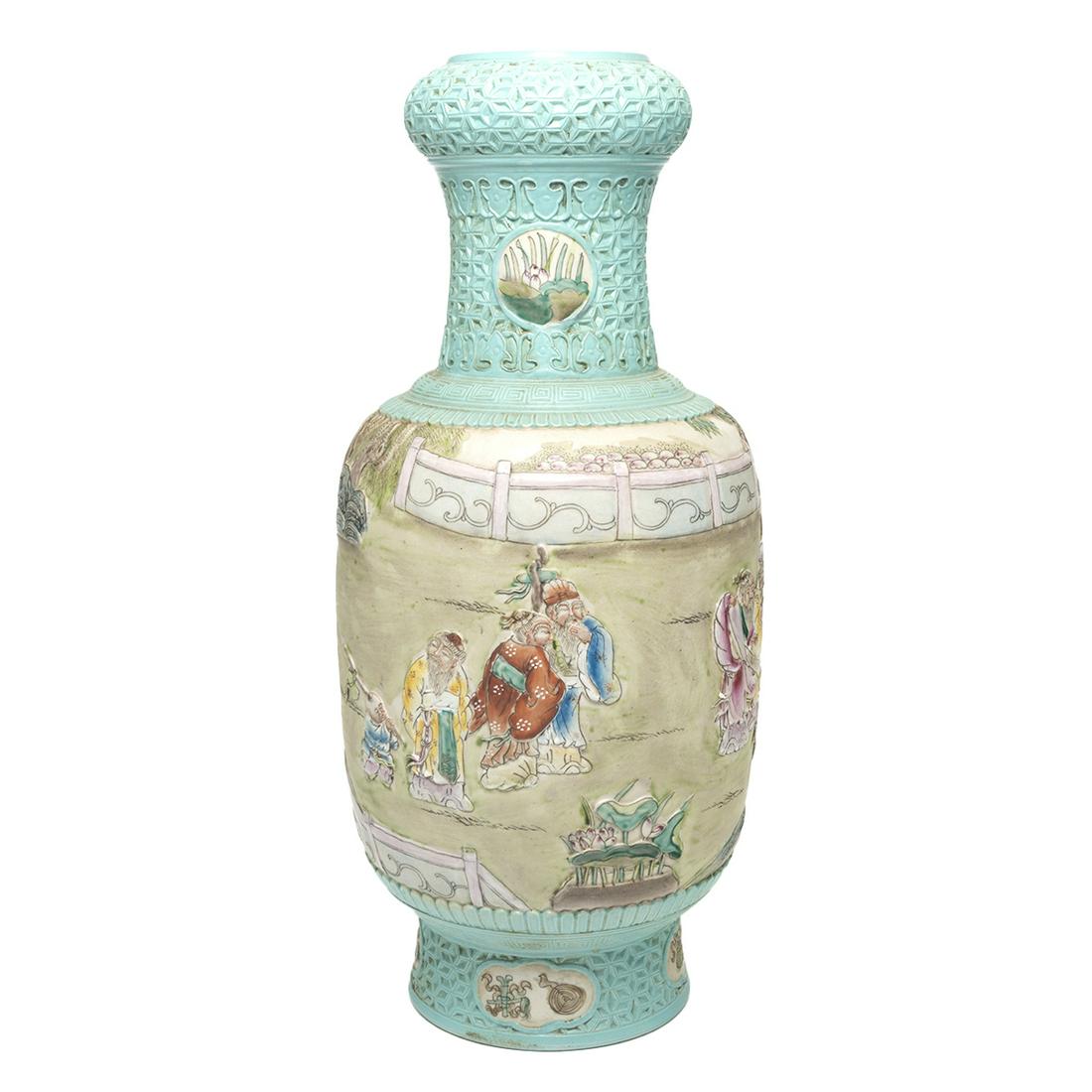 A Large Chinese Turquoise Ground Molded Vase (1 of 3)