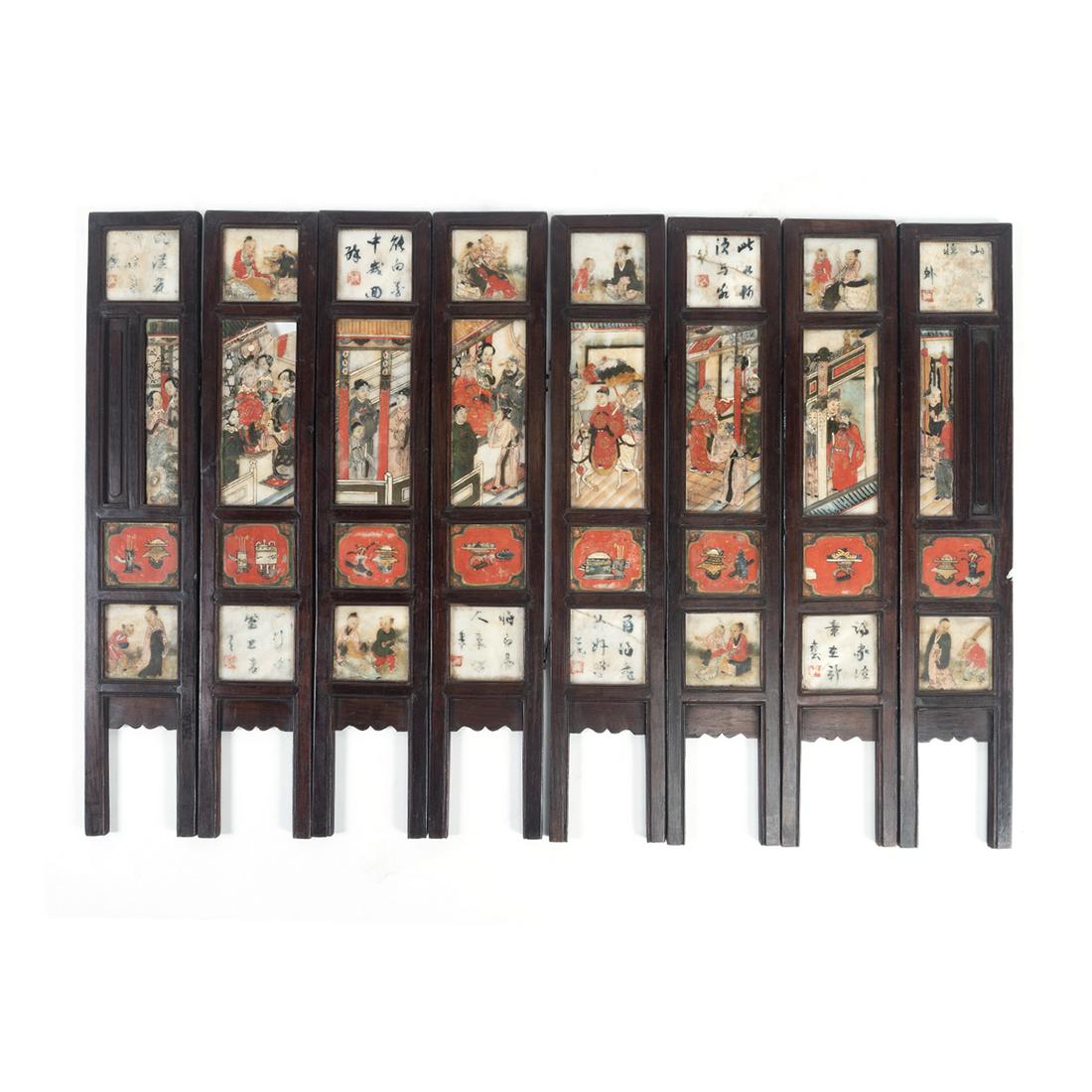 An Eight Panel Asian Screen, Painted Tiles Inserts (1 of 2)