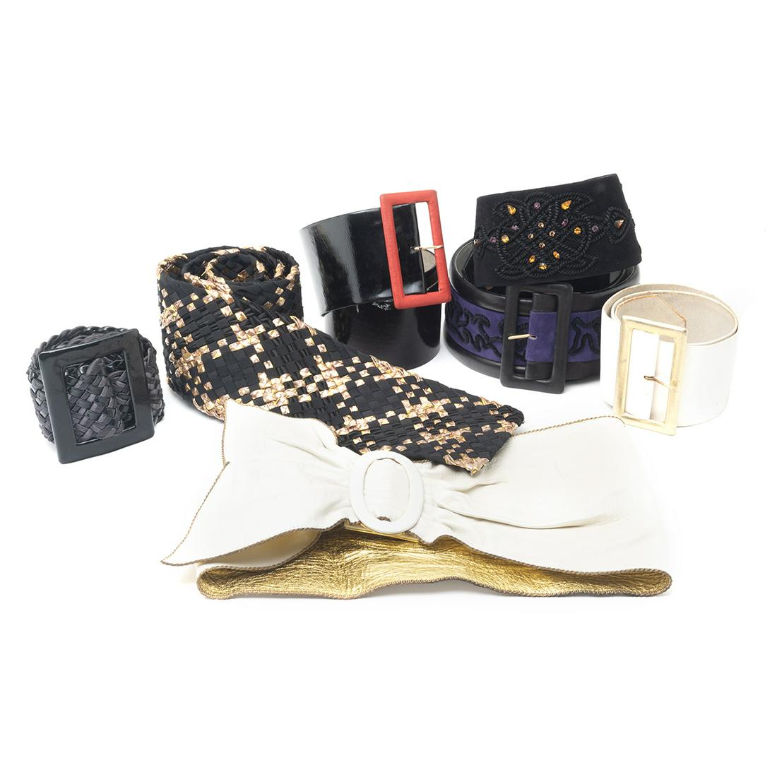 Seven Isabel Canovas Belts: Seven Isabel Canovas Belts. Comprising black and purple leather belt, white leather belt, whilte leather belt with gilt lining, woven black belt, gilt and black woven belt, black leather belt with red