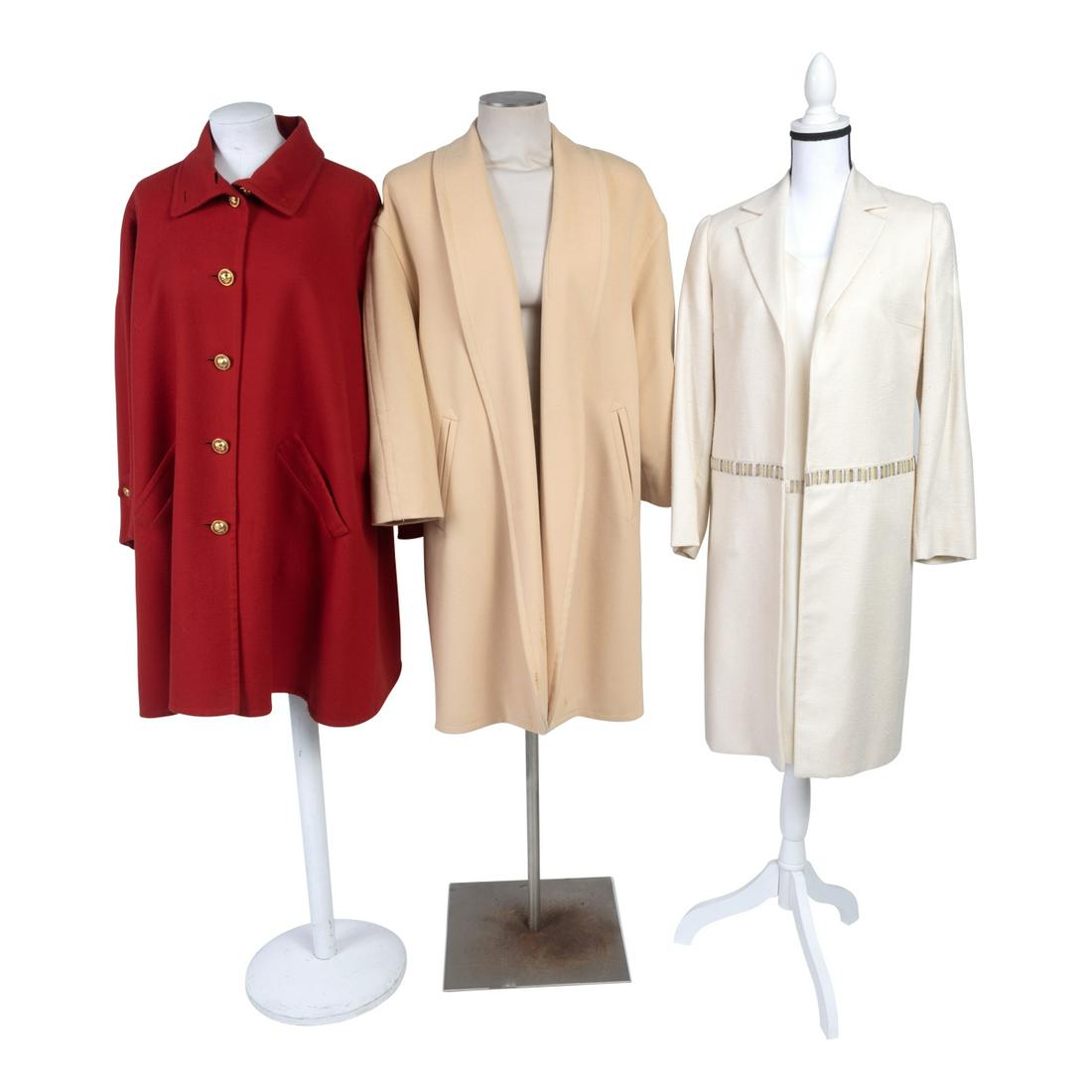 Four High Fashion Garments Including Valentino, Escada: Four High Fashion Garments Including Valentino, Escada. Comprising a Miss Valentino two-piece ensemble of A-line sleeveless dress and coat in wool and silk, both with bugle beads to dropped waists of