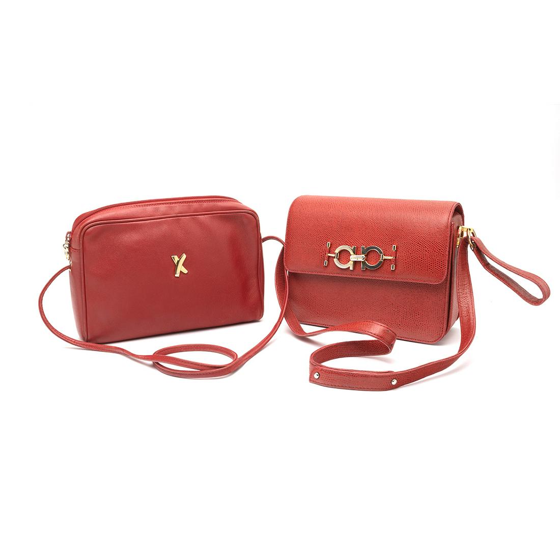 Two Red Leather Fashion Bags, Picasso and Ferragamo: Two Red Leather Fashion Bags, Picasso and Ferragamo. Paloma Picasso and Ferragamo, both with gilt metal fittings. {Approximate dimensions: Picasso bag 21 high x 10 wide, strap drop 15 inches; Ferragam