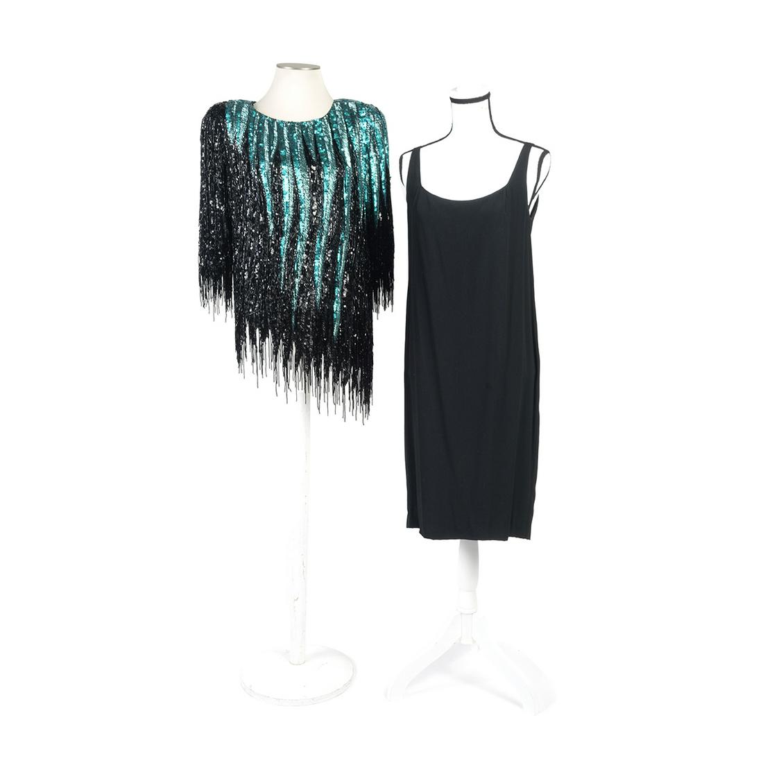 Two Bob Mackie Evening Wear Top, Dress and a Frill: Two Bob Mackie Evening Wear Top, Dress and a Frill. The black silk asymmetric top for Neiman Marcus, entirely covered with vertical bands of irridescent turquoise sequins, alternating with bands of ir