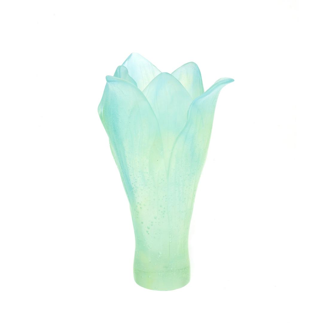 Daum Pate de Verre Green and Blue Vase: Daum Pate de Verre Green and Blue Vase. Blue to green glass, leaf forms; original box and pamphlet included. 'Daum France' incised to the underside. {Approximate dimensions: 6 3/4 inches high.}. Condi