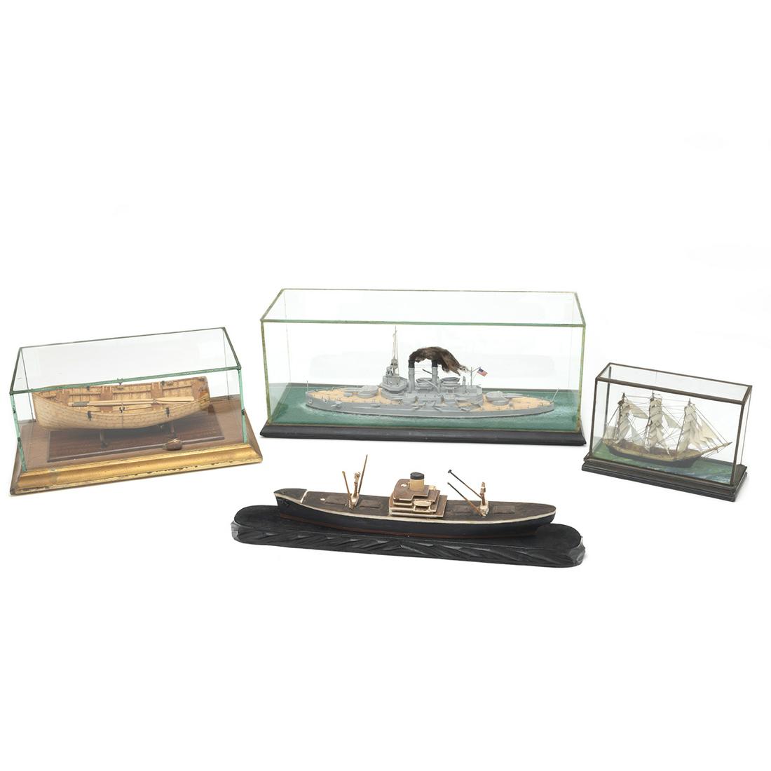 Four Small Model Ships, Three Cased: Four Small Model Ships, Three Cased. Comprising American steamship battleship Idaho, three master ship, detailed rowboat, uncased steamship with loss. {Approximate dimensions: Highest 5 3/4 inches, wi