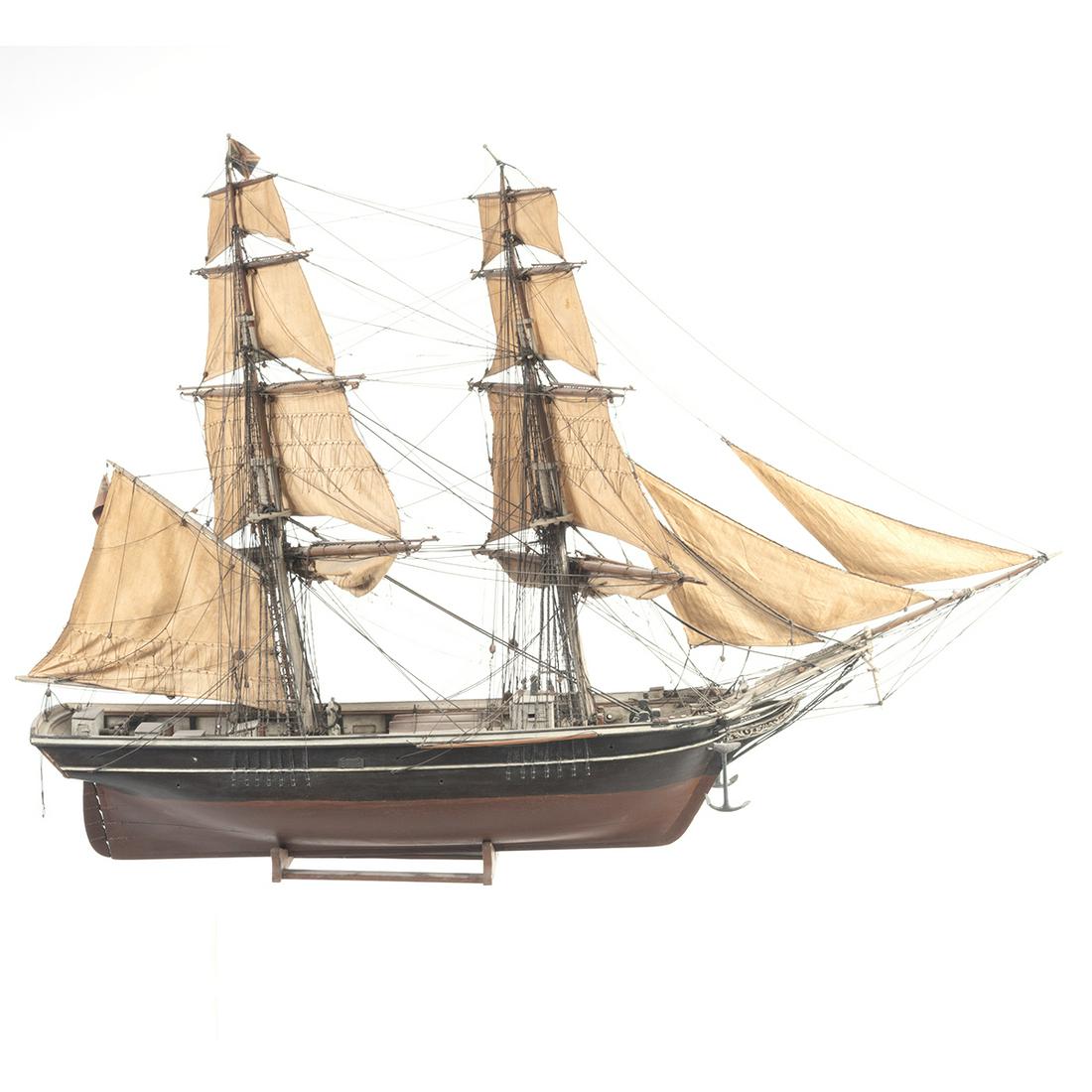 16th Century British Model Ship, Bertha: 16th Century British Model Ship, Bertha. With British merchant flag to stern, the trysail also with flag. 'BERTHA' painted to the stern side. Circa 1900. {Approximate dimensions: 31 1/2 high x 44 long