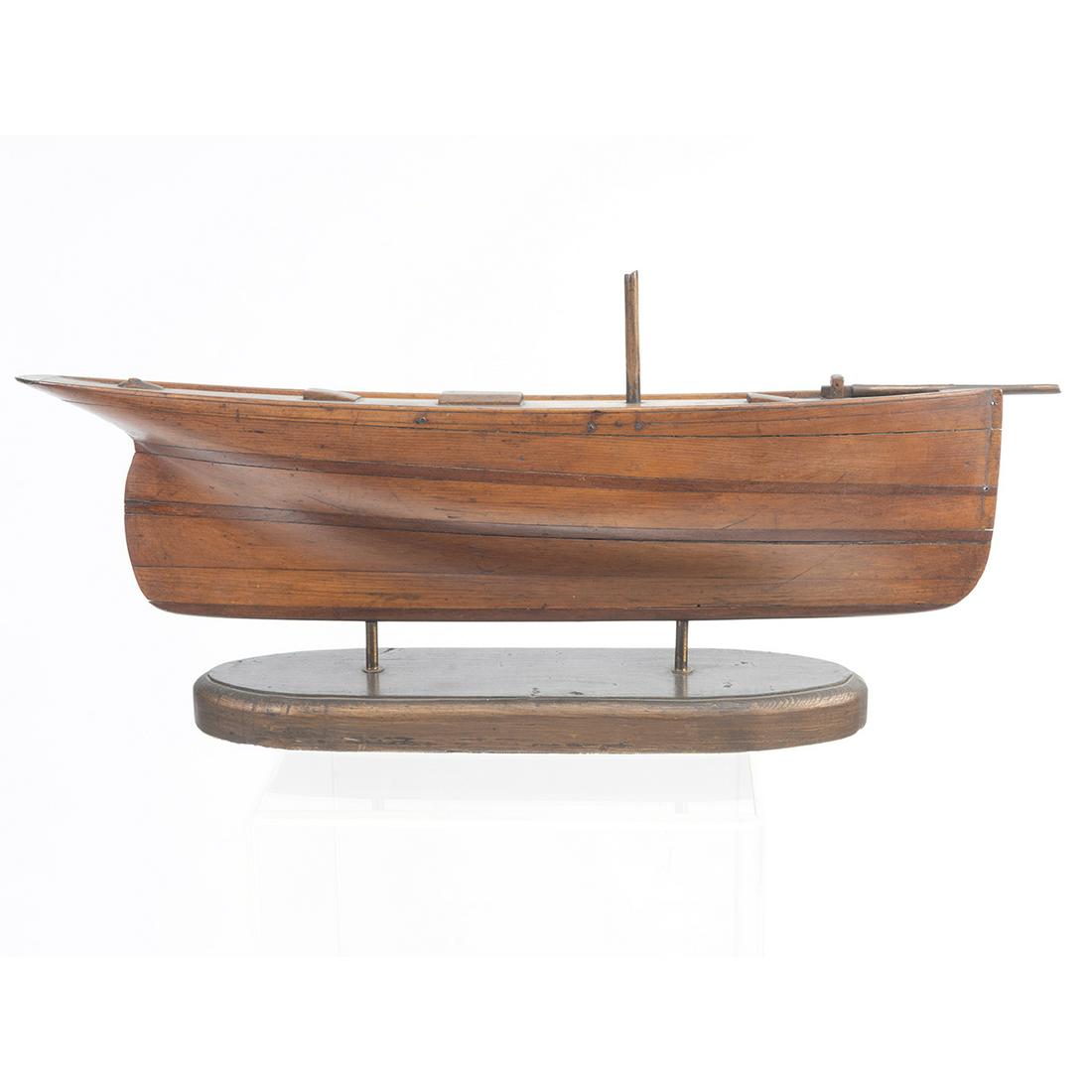 Antique Wood Sloop Model on Stand: Antique Wood Sloop Model on Stand. {Approximate dimensions: 13 1/2 high x 30 1/2 long x 5 1/2 inches wide.}. Provenance: Historic Filoli Estate, Woodside, CA. Condition: Some patina and surface wear t