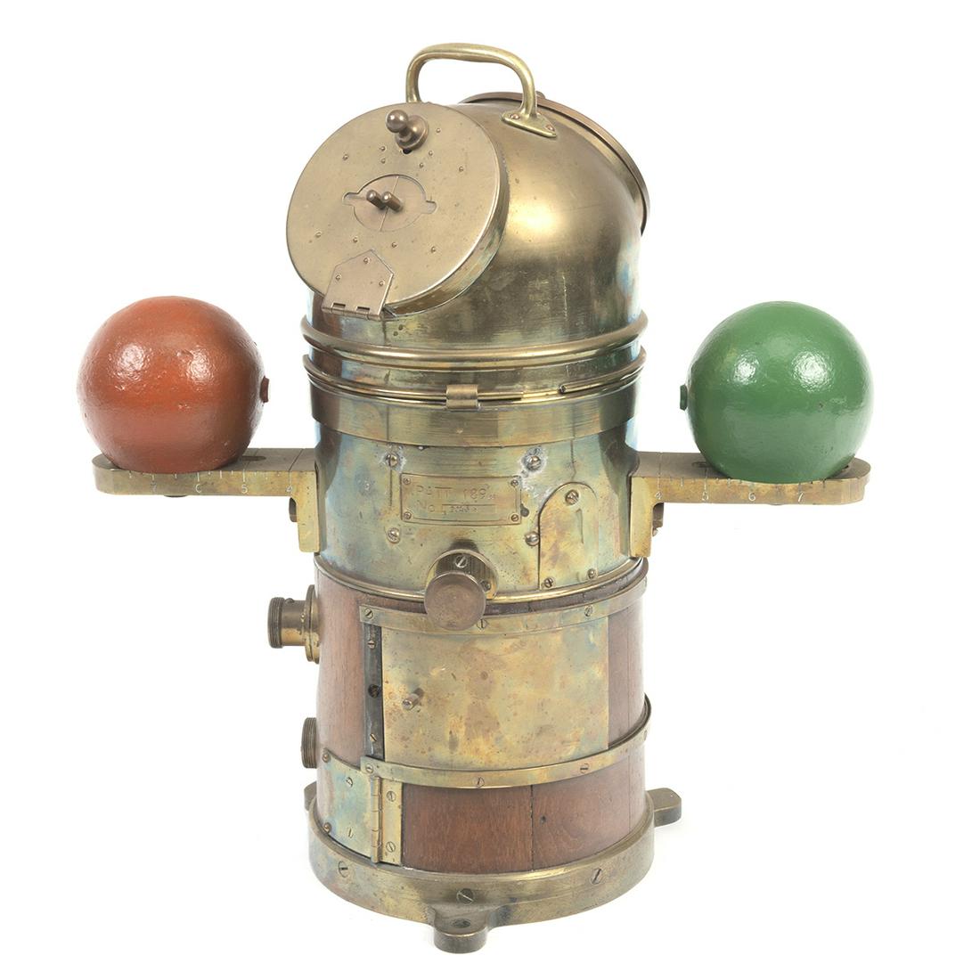 H. Hughes Antique Brass and Wood Binnacle: H. Hughes Antique Brass and Wood Binnacle. Now converted to lamp. Plaque to side reads 'PATT 189 N NO 2046H'; H/ Hughes markings to compass. {Approximate dimensions: 18 high x 17 wide x 9 inches deep.