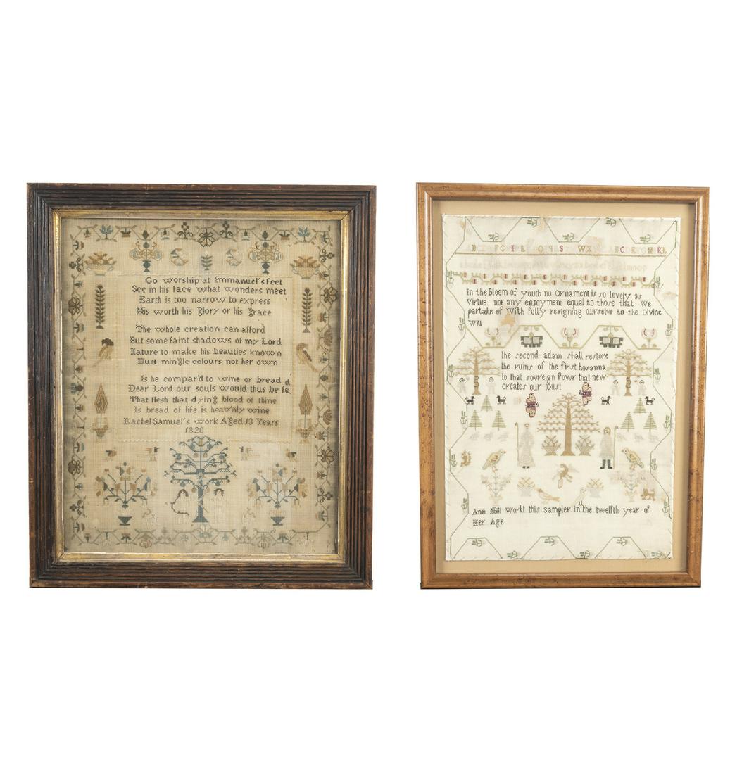 Two English Samplers, One with Butterflies: Two English Samplers, One with Butterflies. The first a sampler of linen and silk, embroidered, cross and satin stitch; the second a sampler of linen and silk, embroidered; both framed. Both with insc