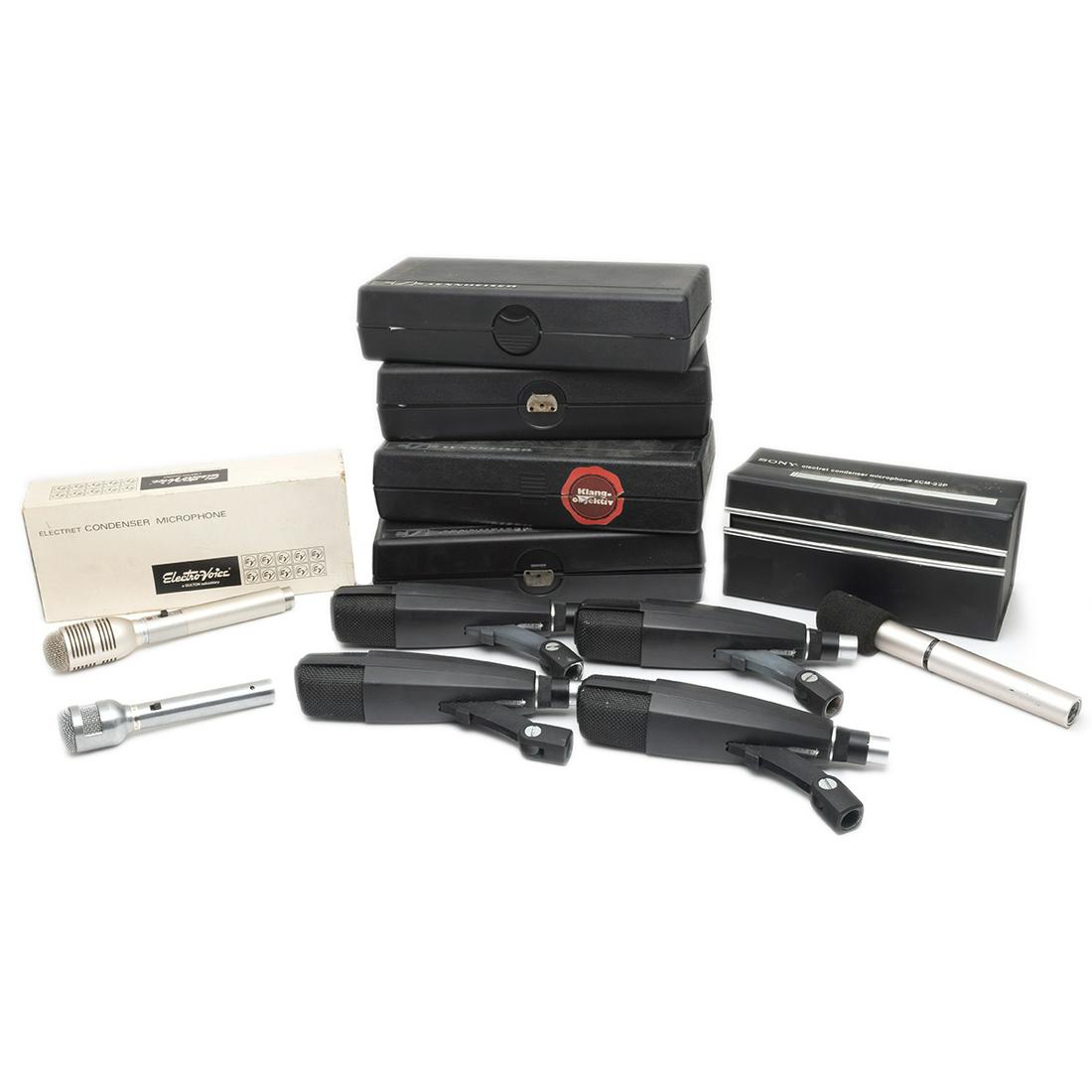 Collection of Microphones with Cases Incl. Sennheiser: Collection of Microphones with Cases Including Sony and Sennheiser. Comprising Electro-Voice 1751 with box, Turner 2203, Sony ECM-22p with box, four Sennheiser MD421-U-5 with boxes. Condition: Have no