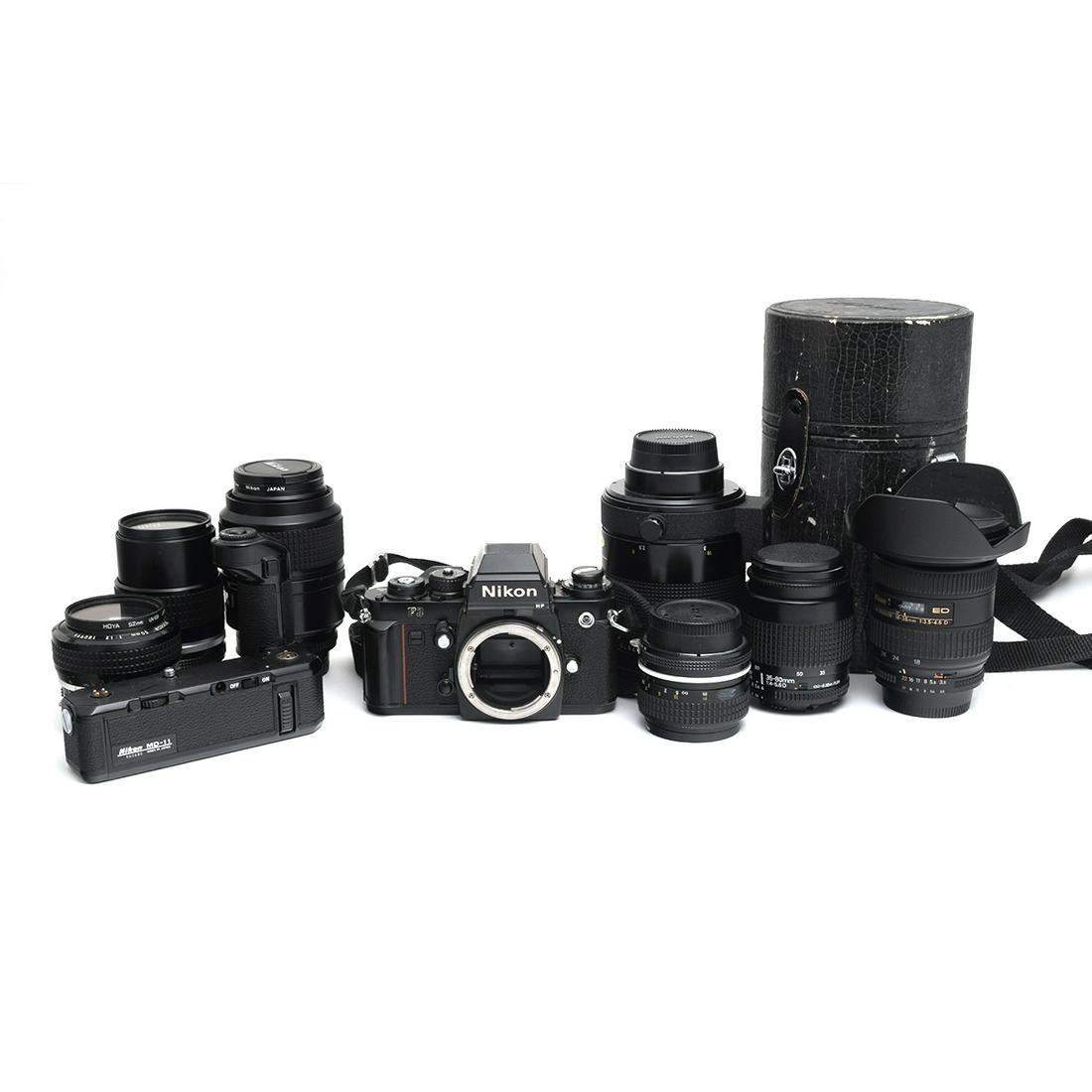 Nikon F3 Camera with Lenses and Stabilizer: Nikon F3 Camera with Lenses and Stabilizer. Comprising one Nikon F3 camera, one MD-11 stabilizer, one NIKKOR 28mm lens, one NIKKOR 50mm lens, one 35-80mm NIKKOR lens, two NIKKOR 105mm lenses, one Refl
