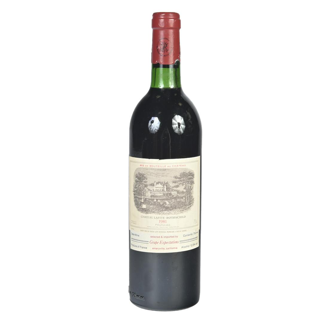 One Bottle, 1981 Chateau Lafite Rothschild Wine: One Bottle, 1981 Chateau Lafite Rothschild Wine. Chateau Lafite-Rothschild Pauillac. Pauillac, Bordeaux, France. Date: 1981. 750 ml. Condition: Light tear to label, center top. Capsule wrap lifted up 