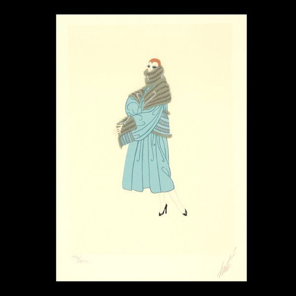 ROMAIN DE TIRTOFF ERTE "Tres Chic" Lithograph: ROMAIN DE TIRTOFF ERTE (Russian Federation 1892-1990) "Tres Chic, 1975" Lithograph on arches paper. Image: 10.50 x 7.50 inches/ 26.6 x 19 centimeters. Signed lower right "Erte" Numbered lower left "17