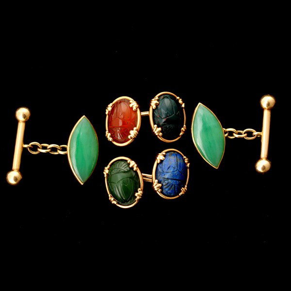 2 MULTI-STONE, 14K YELLOW GOLD CUFFLINKS.: COLLECTION OF TWO MULTI-STONE, 14K YELLOW GOLD CUFFLINKS. Including one pair of carved scarab lapis lazuli, bloodstone, carnelian, 14k yellow gold double sided linked cufflinks together with a pair of