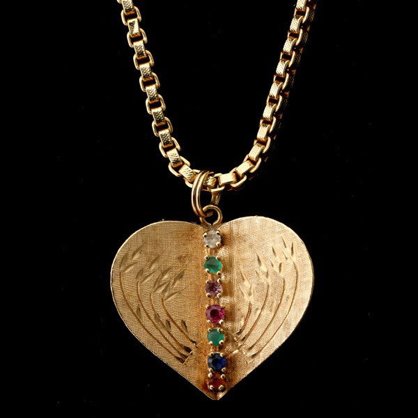MULTI-STONE, 14K YELLOW GOLD PENDANT-NECKLACE.: MULTI-STONE, 14K YELLOW GOLD PENDANT-NECKLACE. The 14k yellow gold heart pendant features numerous small prong set colored stones, suspended from a 23 1/2 inch long chain. 14.50 dwts