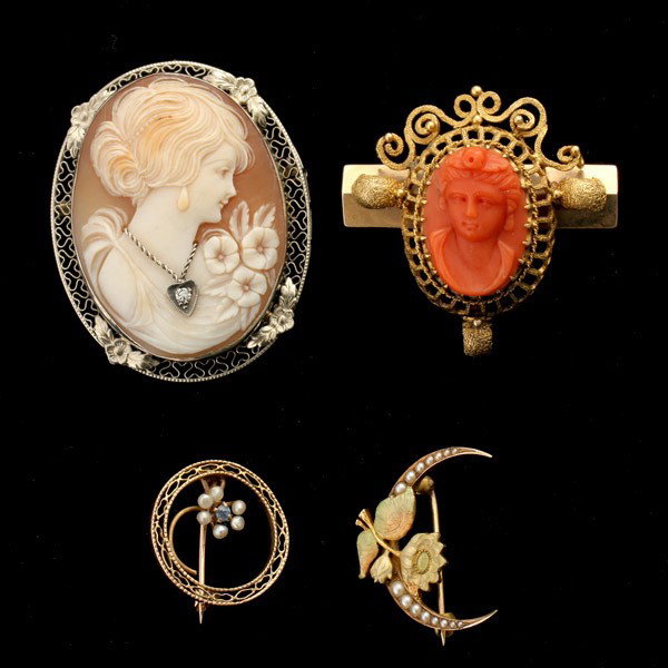 4 CORAL, SHELL CAMEO, C/P, SAPH., DIA., GOLD PINS.: COLLECTION OF FOUR CORAL, SHELL CAMEO, CULTURED PEARL, SAPPHIRE, DIAMOND, 14K WHITE GOLD, 14K, 10K YELLOW GOLD BROOCHES.* Including one 14k white gold, shell cameo with the profile of a lady wearing a