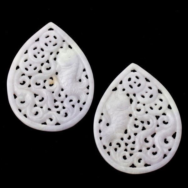 PAIR OF CARVED JADE PENDANTS.: PAIR OF CARVED JADE PENDANTS. The lavendar jadeite tear drop pendants feature a fish and swirl design measuring approximately 34.2 x 43.9 mm. Accompanied by a Mason Kay Report #120217-15 dated Februar