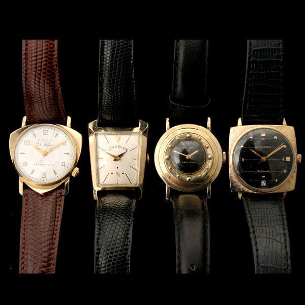 4 G/F, S. STEEL, METAL, LEATHER WRISTWATCHES.: COLLECTION OF FOUR GOLD-FILLED, STAINLESS STEEL, METAL, LEATHER UNUSUALLY SHAPED WRISTWATCHES. Including one trapazoidial shaped Lord Elgin gold-filled, leather wristwatch; one Bulova rounded triangle