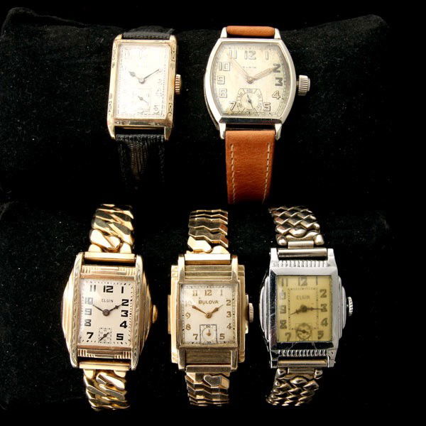 5 MECHANICAL, G/F, ROLLED GOLD, METAL WRISTWATCHES: COLLECTION OF FIVE MECHANICAL, GOLD-FILLED, ROLLED GOLD, METAL WRISTWATCHES. Including one Elgin, gold-filled hinged case leather wristwatch; one Gruen gold-filled leather wristwatch; one Bulova rolle