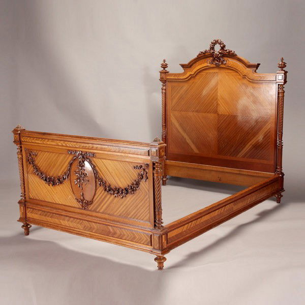 Louis XVI Style Kingwood Bedstead: Louis XVI Style Kingwood Bedstead, each end with columnar supports featuring a floral swag trophy {Dimensions of headboard 62 x 57 inches; inside frame 53 x 76 inches}