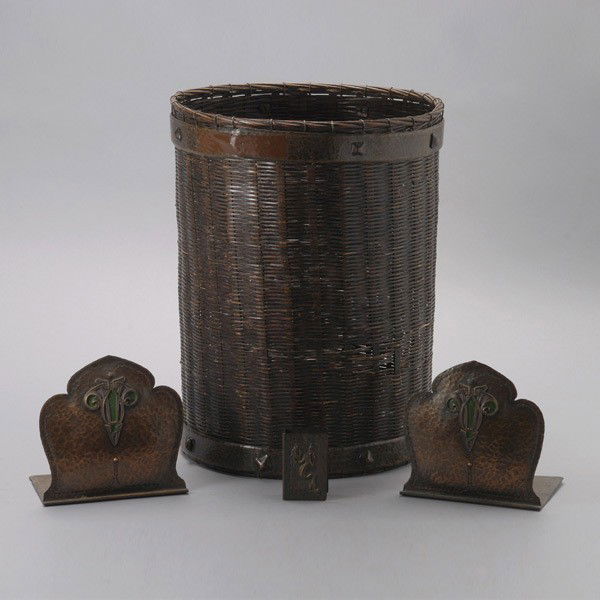 Pr Arts & Crafts Bookends; match cover & basket: Pair of Arts & Crafts Hammered Copper Bookends, stamped "62"; together with a Copper Match Cover with applied dragon, stamped "30"; and a Dirk Van Erp copper mounted basket {Height of basket 13 1/4 in