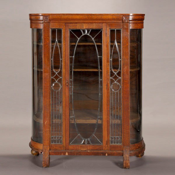 Renaissance Revival Oak Leaded Glass Vitrine: Renaissance Revival Oak Leaded Glass Paneled China Cabinet {Dimensions 62 1/2 x 51 1/2 x 14 3/4 inches} [Repairs]